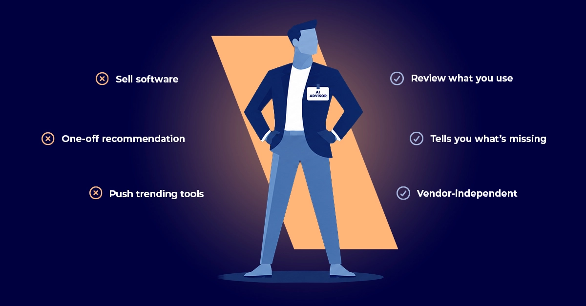 Illustration comparing an IT consultant to an AI advisor, showing what an AI advisor is and isn't for small businesses considering AI adoption.