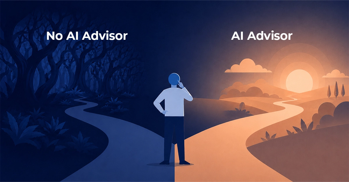 Illustration of a business owner choosing between two paths, a confusing path without an AI advisor and a clear path with an AI advisor, representing confident AI adoption for small business.
