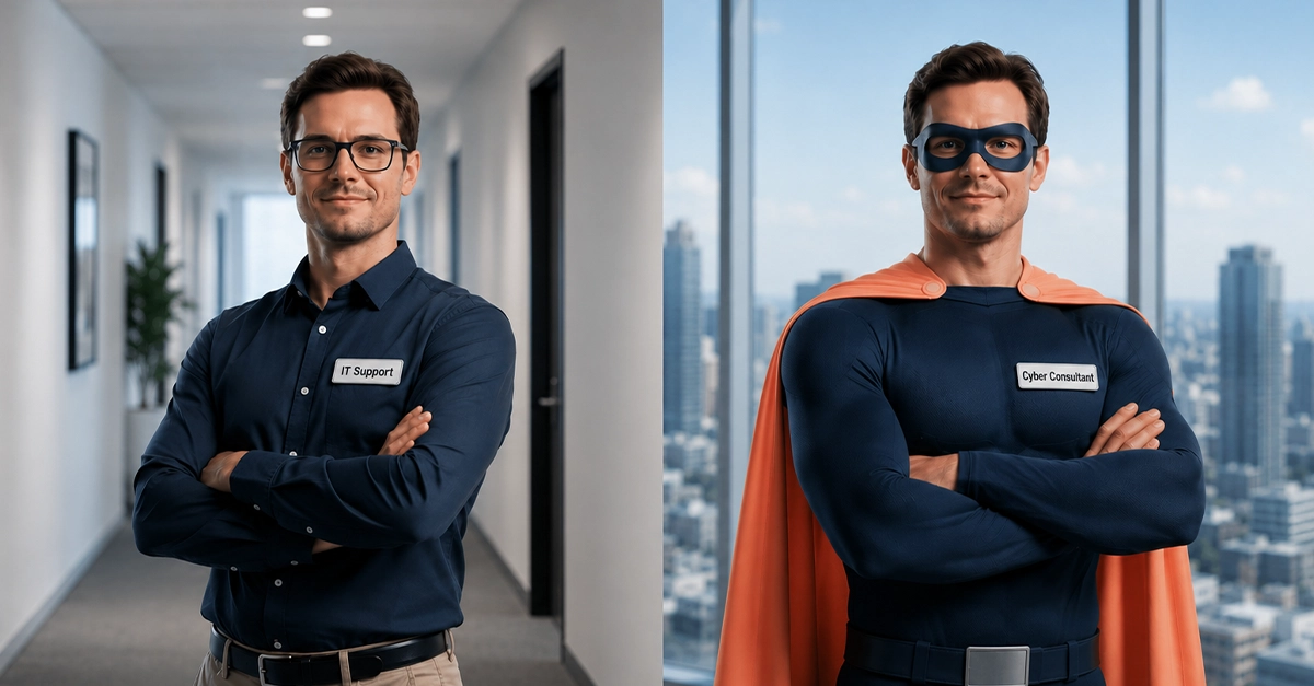 Cyber security consulting vs IT support in Brisbane, shown as an everyday IT technician and a superhero