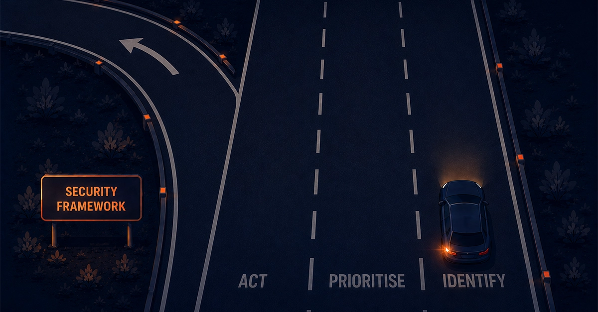 Illustration style. Bird's-eye view of 3 lanes of traffic with an exit ramp on the left. Right to left (because Australian road rules). Car in the far right lane with indicator CLEARLY ON. Glowing orange light on the rear left tail light. Each lane is labelled in the road paint style, please, as if written on the bitumen. Far right lane “Identify”. Middle Lane “Prioritise”. Right Lane “Act”. Then the exit ramp has a sign that says “Security Framework”.